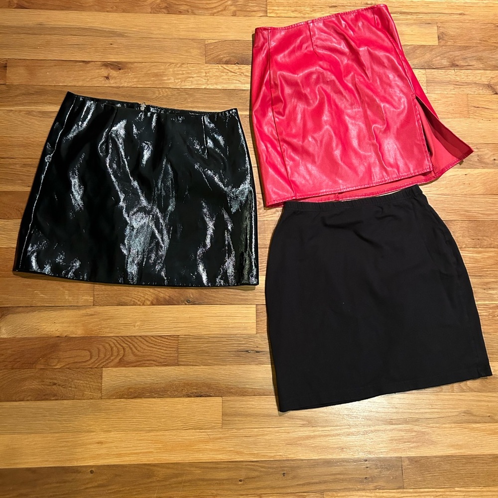 Three Skirts - Glossy Black Vibrant Red Mini Skirt - Various Brands